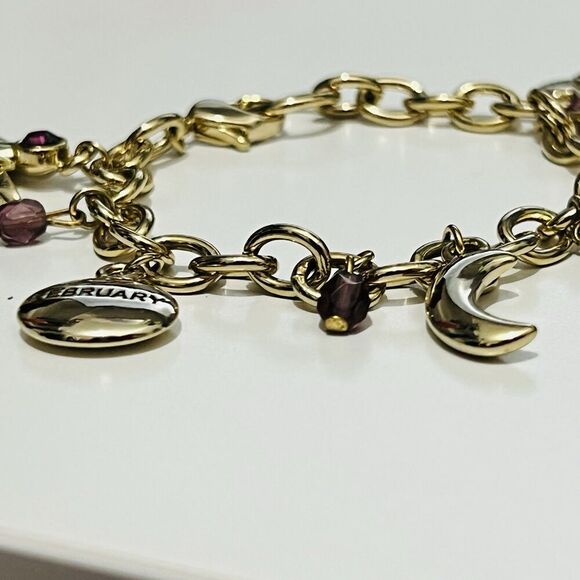 Birthstone Amethyst Charm Bracelet Angel Heart Moon Star Gold Chain - Picture 2 of 7